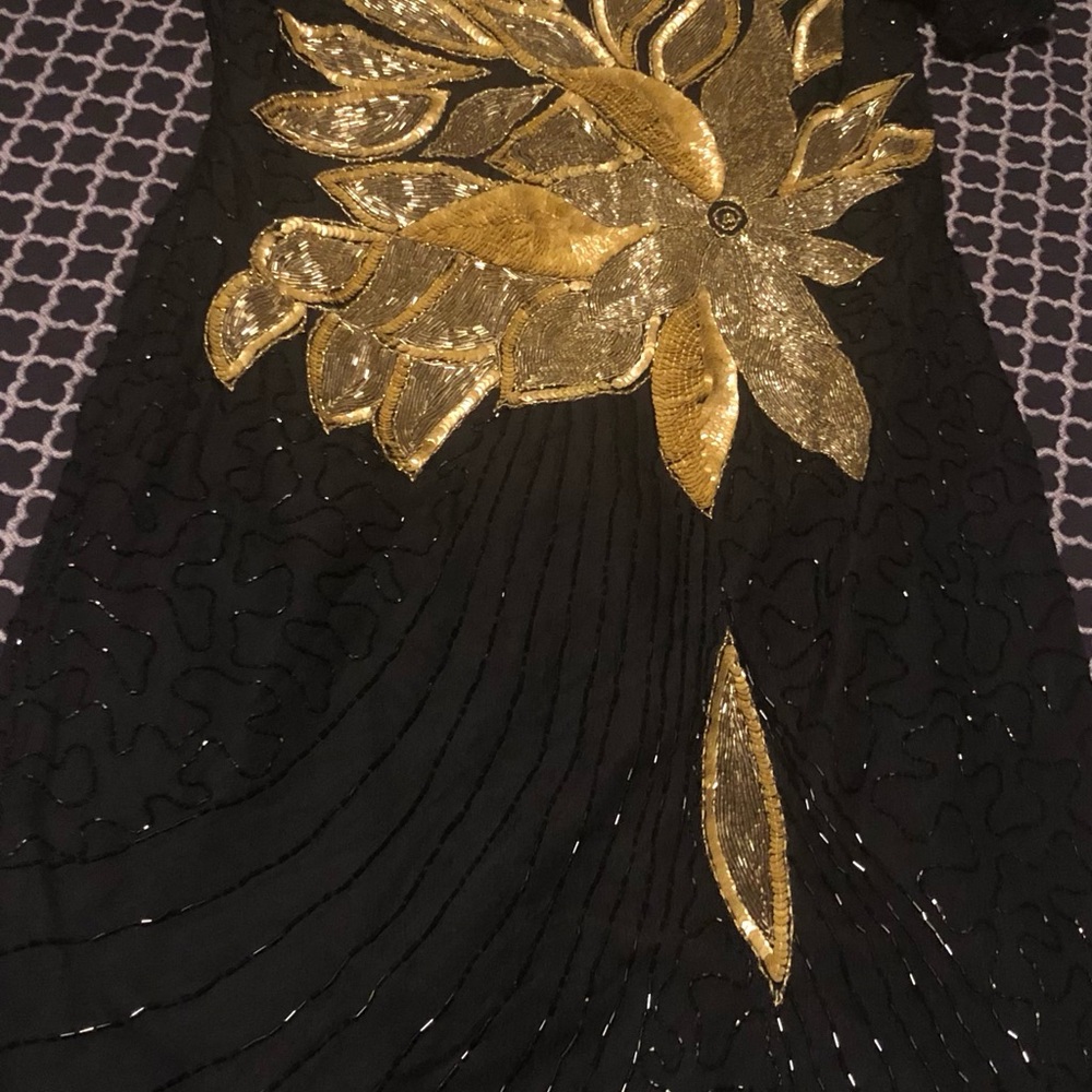 VTG Baluchi Creation 100% Silk Sequin Beaded Dress 80’s Black Gold Cocktail